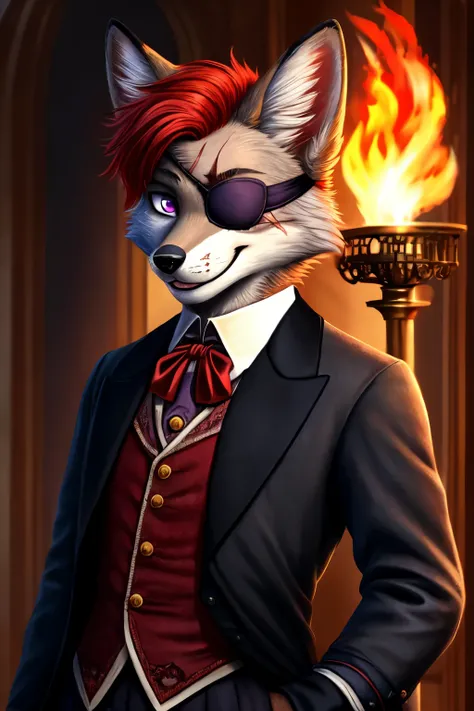 ((best quality)), ((masterpiece)), (detailed), boy, fox, anthro, furry, fluffy, grey fur, red hair, victorian suit, full body, looking at camera, purple eye, bloody scar across eye, fire skin cracks, smiling, eye patch, scar on eye, 