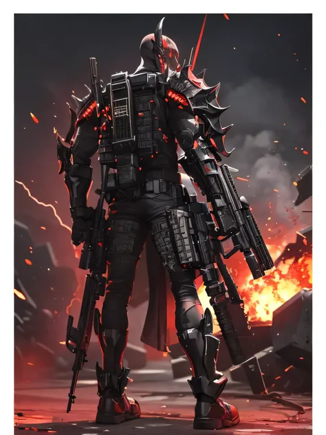 Demon, a lot of blood going around the place, Chain with darkness, Black smoke, black cool cyborg slim body fast armor, Magnum Gun, Gun weapon, sci-fi looking armor. Speed thin but fast armor, ShotGun, holding gun in one hand, Gun Blade