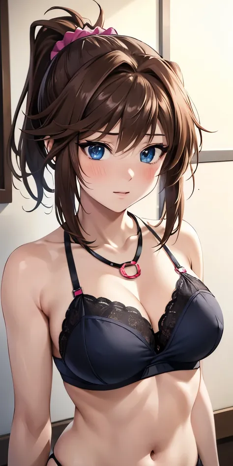 1 Female,High definition,high resolution,Ultra-realistic,8K, bbmazaki, ponytail, hair scrunchie, blue eyes, necklace,European,sexy,Upper body close-up,Photographed from the front,Dynamic Angles,private teacher,A little sheer underwear, underwear,blush, big...