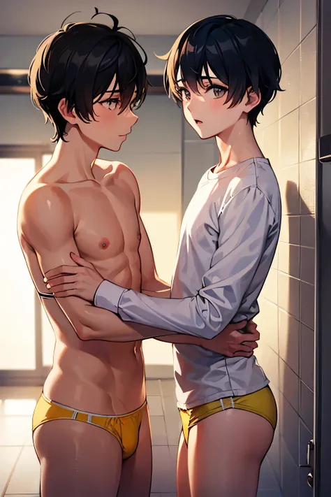 two boys in a shower room, wearing a white long sleeve shirt and yellow bikini briefs, soft touch, beautiful detailed eyes,