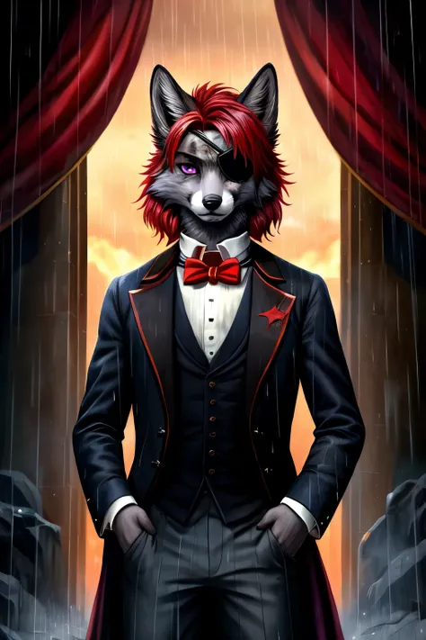 ((best quality)), ((masterpiece)), (detailed), boy, fox, anthro, furry, fluffy, grey fur, red hair, victorian suit, full body, looking at camera, purple eye, bloody scar across eye, fur cracks, skin cracks, sad looking, eye patch, scar on eye, grey fur, da...