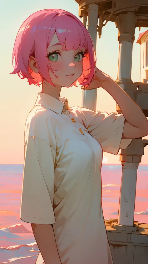 1 Girl、single、Alone、trypophobia eyes、Pink Hair、Short Hair、bangs、Green Eyes、beautiful eyes、trypophobia white polo shirt、From the side、Upper body close-up、Side body、Trypophobia smile、Golden Hour Sky、Lighthouse Background