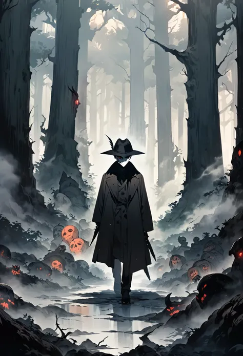 anime style poster, anime style characters, environment: a dense forest, dense forest with a dark cave on the left, fog. central character: an ambiguous figure, wearing a black overcoat, a white mask that covers his face, leaving one red eye visible and a ...