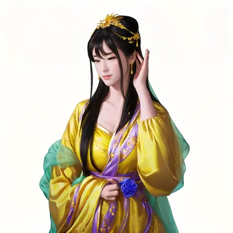 a woman in a yellow dress with a flower in her hair, beautiful render of tang dynasty, full body xianxia, yun ling, inspired by Li Mei-shu, inspired by Ju Lian, heise-lian yan fang, heise jinyao, ancient chinese princess, inspired by Wu Zuoren, inspired by...