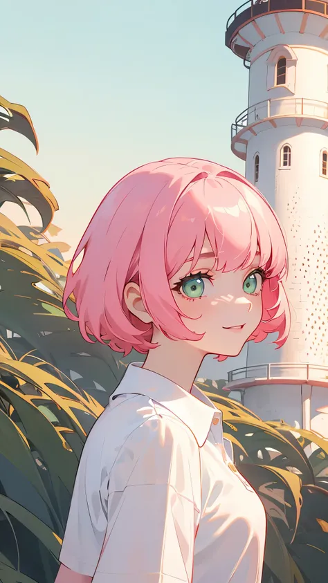 1 Girl、single、Alone、trypophobia eyes、Pink Hair、Short Hair、bangs、Green Eyes、beautiful eyes、trypophobia white polo shirt、From the side、Upper body close-up、Side body、Trypophobia smile、Golden Hour Sky、Lighthouse Background