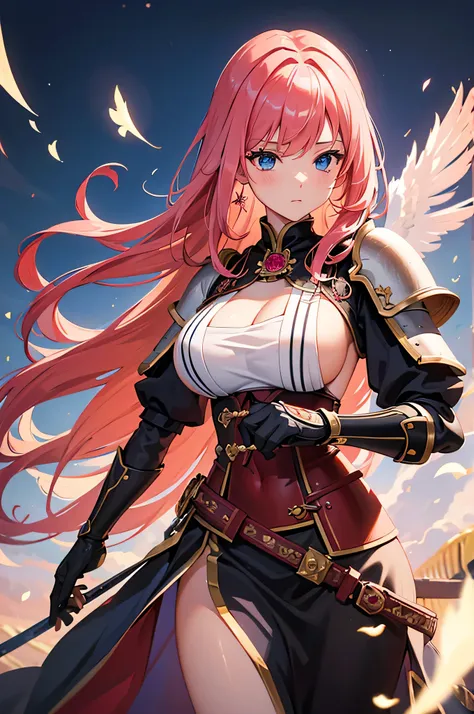 4K,High resolution,One Woman,Red pink hair,Long Hair,Blue Eyes,Big Breasts,princess,samurai,White Armor,Sideboob,Full Armor,Heavy Armor,White gloves,princessのティアラ,Jewelry decoration,Japanese sword,Medieval town