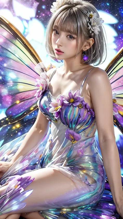 4k ultra hd, masterpiece, a girl, good face, detailed eyes, detailed lips, flower fairy girl, big wings, transparent wings, neon lights, (galaxy background:1.5), (flower dress:1.8), (silver dress:1.5), in the heaven, sitting,