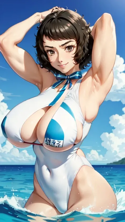 muscular, muscular female,white one-piece swimsuit,cleavage cutout biceps,swimsuit v,gigantic breasts,full body,sea background,smile shy,cute,underboobs,