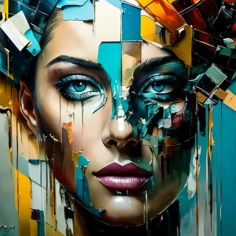 a painting of a woman with a face made of torn pieces, intricate and intense oil paint, abstract portrait, intricate oil painting artwork, wadim kashin. ultra realistic, detailed impasto, portrait made of paint, nielly, intricate and wet oil paint, oil pai...