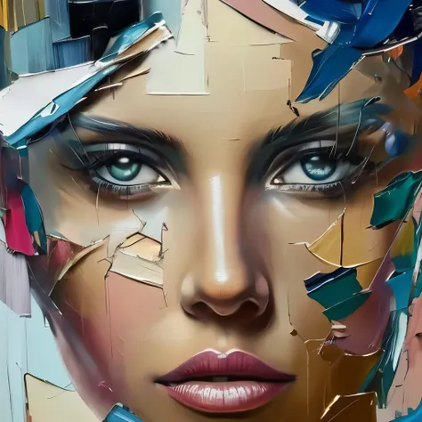 a painting of a woman with a face made of torn pieces, intricate and intense oil paint, abstract portrait, intricate oil painting artwork, wadim kashin. ultra realistic, detailed impasto, portrait made of paint, nielly, intricate and wet oil paint, oil pai...