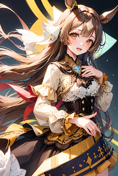 One girl, Alone, Long Hair, chest, Open your mouth, smile, Brown Hair, Simple Background, ribbon, Animal ears, High resolution, masterpiece, high quality, Textured skin, High detail, Big chest, Horse ears, Character portrait, anime, 非常にBig chest, Perfect h...