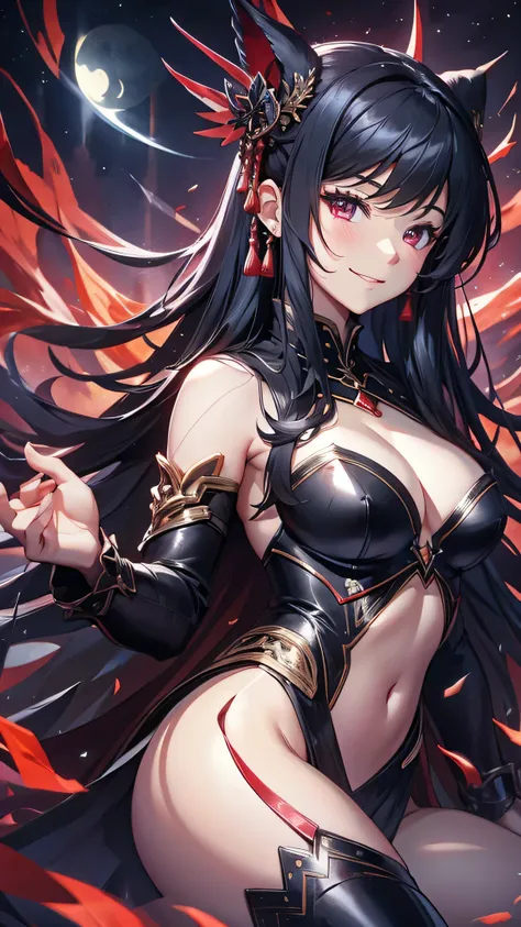 最high quality、Best image quality、masterpiece、and((Japanese、cute、1、Best Bust、Long Hair、Big Bust、Open your chest wide,Black Hair、thin、The highest valley、smile、Show the whole body、Red Cape、Have red wine)）high quality、Beautiful art、background((Lunar Surface、Re...