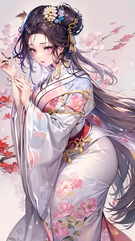 ((Best Quality)),(Ultra-high resolution),(Super detailed),(Detailed Description),((The best CG)),(masterpiece),Highly detailed art,(Art with precise detail:1.5), Fair skin, Almond-shaped eyes, Intricate floral patterned kimono, vivid, 