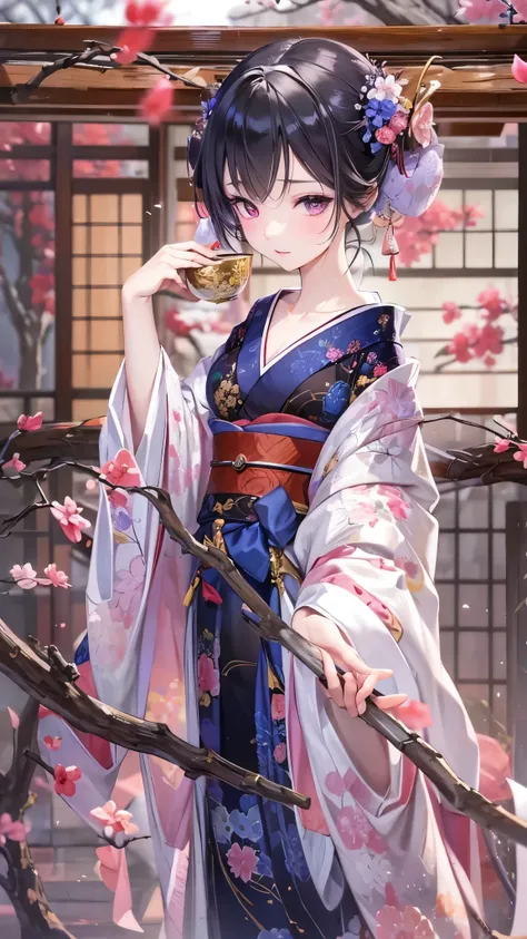 ((Best Quality)),(Ultra-high resolution),(Super detailed),(Detailed Description),((The best CG)),(masterpiece),Highly detailed art,(Art with precise detail:1.5), Fair skin, Almond-shaped eyes, Intricate floral patterned kimono, vivid, 