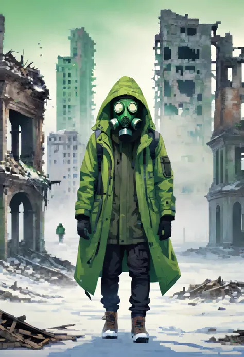 man, 22, long green jacket, hood, panoramic gas mask, backpack, winter, ruins of the city, 