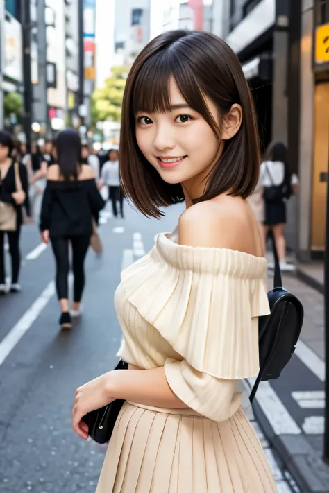(masterpiece, Best Quality:1.2), One girl, Alone, 1, Japanese women, Super cute idol-like face, Beautiful model-like figure, (white off-shoulder blouse, Beige pleated skirt:1.2), Dark brown hair, Slightly longer bob hair, With bangs, smile, The background ...