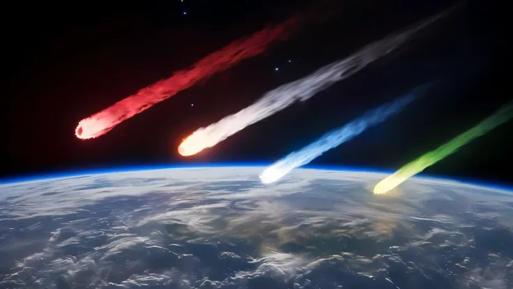 Four comets of four different colors heading in open space, four red, white, blue and green comets heading to Earth, open space view, red and white and green and blue burning comets, wide shot of Earth in open space, four comets of four colors. hdr, best q...