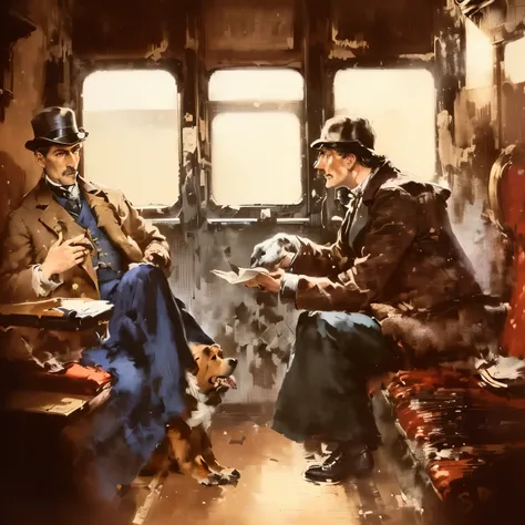 there are two men sitting on a train with a dog, 1900 illustration artwork, sherlock holmes, portrait of sherlock holmes, gentleman, author unknown, by senior artist, by Rupert Shephard, underground scene, by Thomas Dalziel, by Helen Stevenson, by Bernard ...