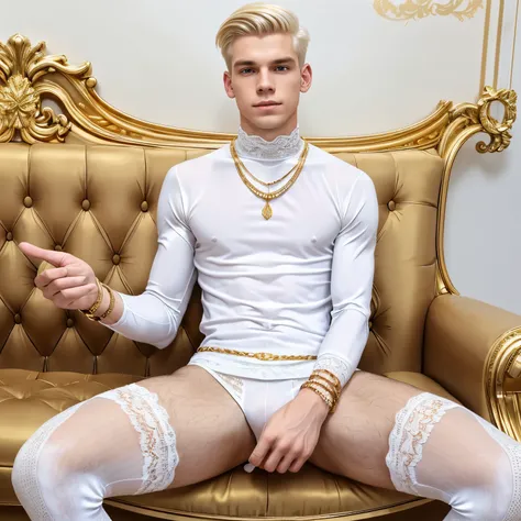 full body view. A wealthy young man, with a very fragile appearance, extremely pale skin, almost white blonde hair with a nice chic undercut cut, wearing a white lace turtleneck t-shirt, a white lace shirt, white lace pants and lace socks, no shoes. He has...