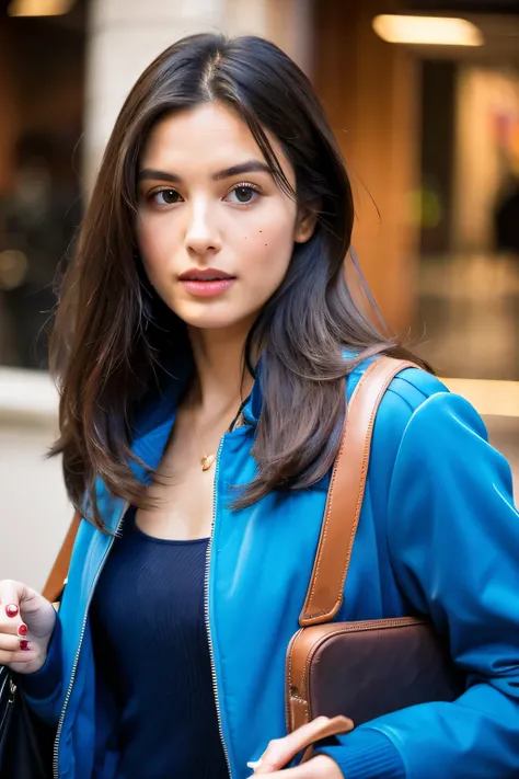 Beautiful brunette wearing a blue jacket, blue bag