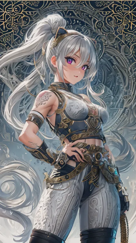  ((Best Quality)),(Ultra-high resolution),(Super detailed),(Detailed Description),((The best CG)),(masterpiece),Highly detailed art,(Art with precise detail:1.5), Women, Long silver hair,ponytail, Sharp crimson eyes, Charming, Toned body, Accentuate your f...