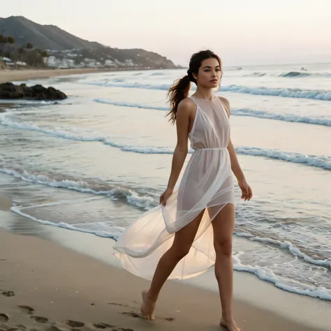 Sally-Anne, A Photograph of a serene beach at sunset, pastel hues caress a figure in a white long see-through dress with an opening on one leg all the way to the hip, embodying tranquility and freedom., Mysterious, model body, in Malibu beach, California b...