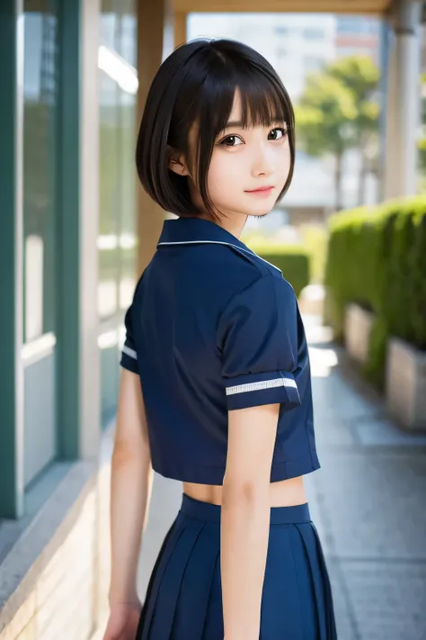 (A girl looking back in the school corridor:1.5), Baby Face , (Best Quality:1.4), (Very detailed), (Very detailed美しい顔), Evenly balanced eyes, (Short-sleeved sailor uniform :1.3), (School uniform:1.3), Beautiful face and eyes, iris, Short Hair, The Beauty o...