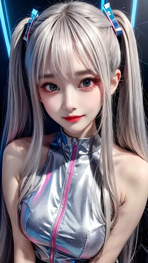 Detailed and smooth, top quality, Very fine hair, cute, Ash gray twin tails, Holographic glowing hair, slender, Classy sex appeal, A thrilling sight, glamorous, Captivating the audience, love at first sight, Balance your body type and composition, ARW, the...