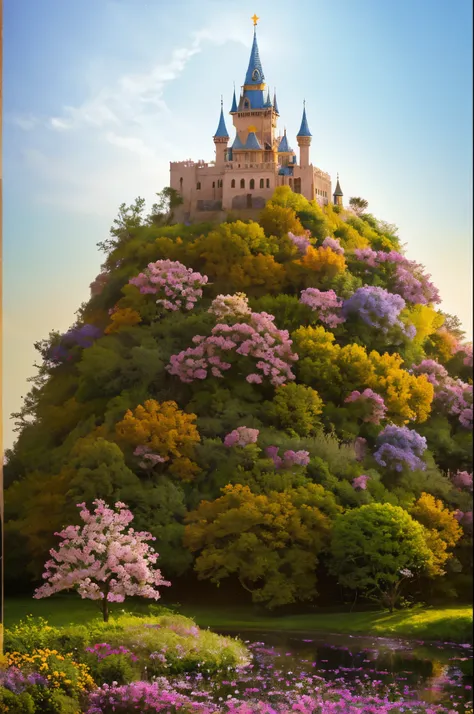 (No person:1.5), Natural light, beautiful 8K Ultra HD professional photography, sharp focus, stunning fantasy world, luxurious palace, sparkling jewels on top, detailed flowers, tiny flowers, leaves and stars reflecting light, enchanting look, vibrant colo...