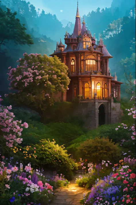 (No person:1.5), Natural light, beautiful 8K Ultra HD professional photography, sharp focus, stunning fantasy world, luxurious palace, sparkling jewels on top, detailed flowers, tiny flowers, leaves and stars reflecting light, enchanting look, vibrant colo...