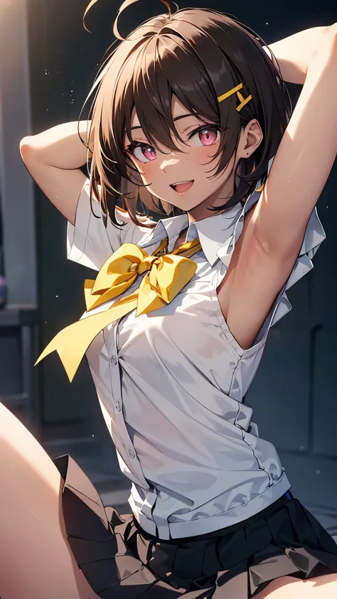 (shot from side,armpit focus),lemon yakishio, short hair, brown hair, ahoge, pink eyes, hair clip, hair between eyes, dark skin,...