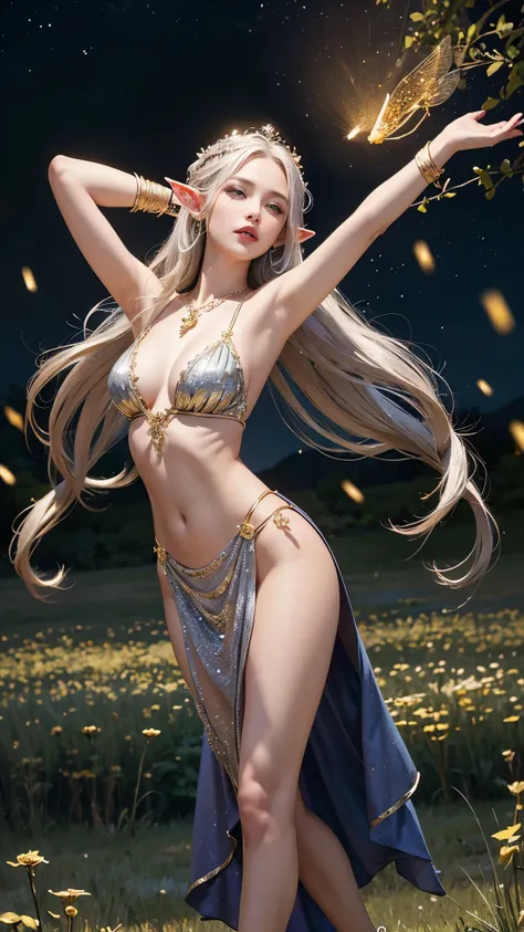 A regal sexy hot stunning attractive bare elf, adorned in intricate gold and silver jewelry, dancing gracefully in a moonlit meadow filled with fireflies and sparkling stars.