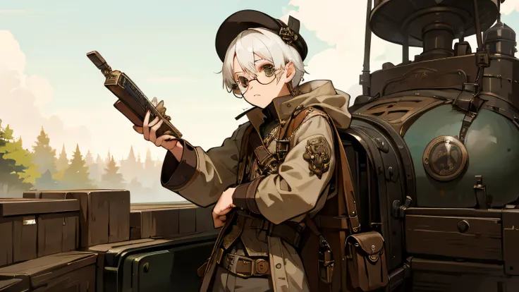 boy,  advanture clothes, Steampunk Glasses, on forrest , white hair