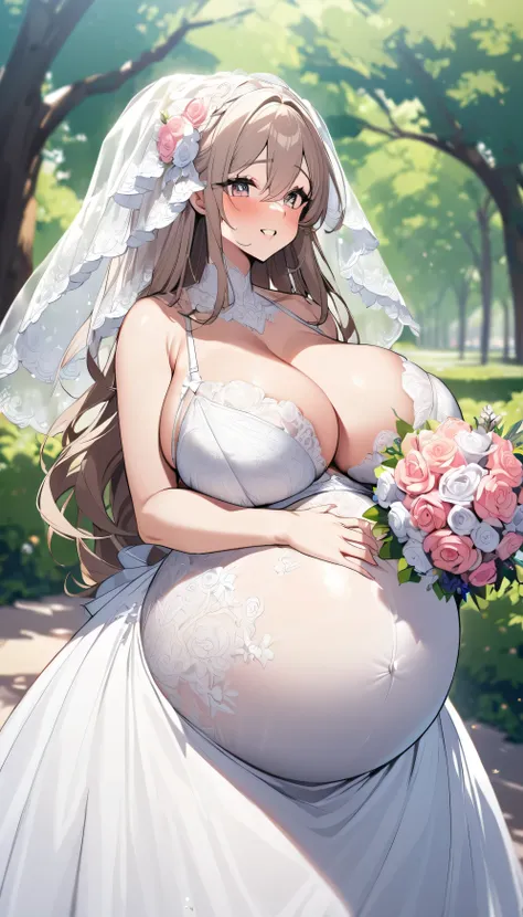 Busty pregnant woman in bra with sexy wedding dress ,Veils and bouquets in the park 