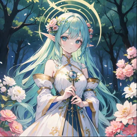 high quality, masterpiece, Delicate facial features, Delicate hair, Delicate eyes, Delicate hair, Anime Girls, angel, 熾angel, angelの羽根, halo, 木のangel, world tree, Ash, Floral, Dreamy Style, A wonderful garden, Fantasy clothing, Romantic Dresses,  Beautiful...