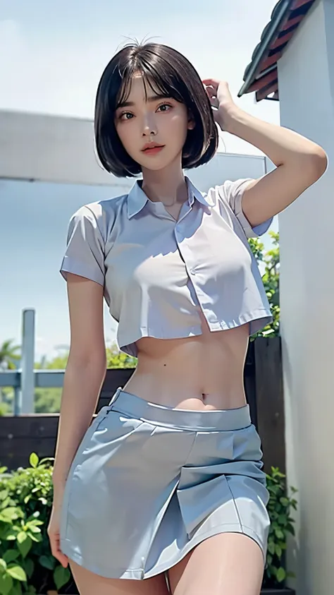 group of female with medium breasts show underboob (((wearing oversize vurious high crop white short sleeve button down shirt an...