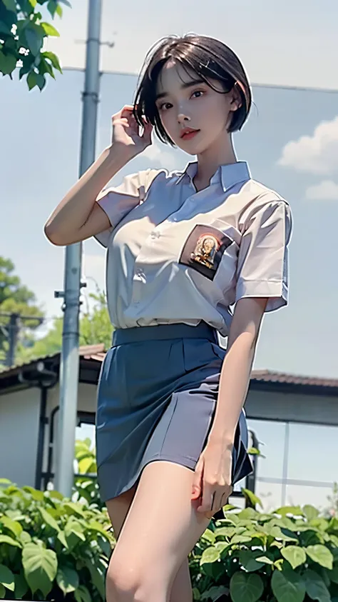 group of female with medium breasts show underboob (((wearing oversize vurious high cropwhite short sleeve button down shirt and...