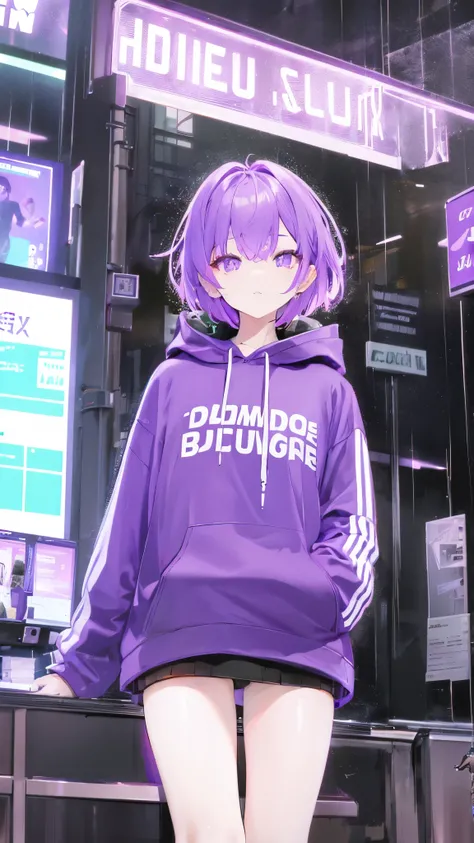 Purple Short Hair, Purple eyes, hoodie, Cyberpunk Teen Standing Tall, Vast city skyline shrouded in darkness, Illuminated only by vibrant neon light reflecting off wet neon, Rain-soaked street. High-rise buildings、It should be adorned with holographic sign...