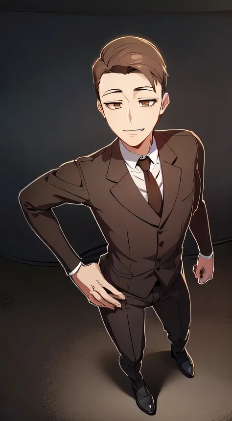 masterpiece, best quality, very aesthetic, absurdres, shoujo-style, 1boy, handsome, short hair, brown hair, brown eyes, white shirt, collared shirt, red necktie, grey pants, standing, pov, straight-on, confident, smile