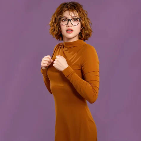 "A woman with short, curly red hair, wearing large round glasses and a fitted orange long-sleeve dress. She has a surprised or shocked expression and is holding the collar of her dress with both hands. The background is a solid purple color."  (glossy plas...