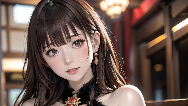 best quality, super fine, 16k, RAW photo, photorealistic, incredibly absurdres, extremely detailed, delicate, flashy and dynamic depiction, beautiful woman like Reiji Matsumoto draws, intelligent cool beauty, excited look, glossy light brown hair, beautifu...