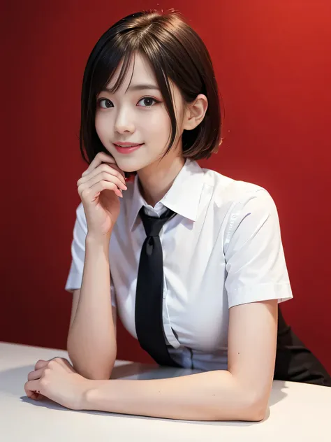 Highest quality、Figures、Character、Cute girl、sexy、slender、Red tie、White shirt with collar、The shirt is see-through、Very detailed、Fine details、Slim Body、slender、Japanese 1 girl、High resolution、8k、wallpaper、Perfect dynamic composition、Beautiful details、Short ...