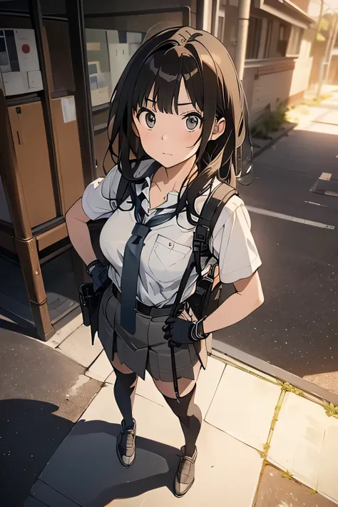 high quality, masterpiece, Ultra-high resolution, (realism: 1.4), Oil painting style, Cinema Lighting, , I stood on the empty asphalt road and looked at it.., And suspenders with flying cranes Large Breasts Small Face holster Lying in be...