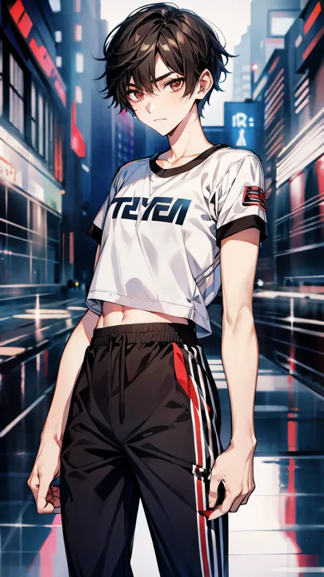 ((One Boy)),((Fem Boy)),((crossdresser)),Black Short Hair,Slender body,((whole body)),,sleepy,dissatisfaction,Irritation, fem boy taking a photo wearing a crop top and pants, Big pants, High-waisted sweatpants, Zia, from me, Korean female fashion model, he...