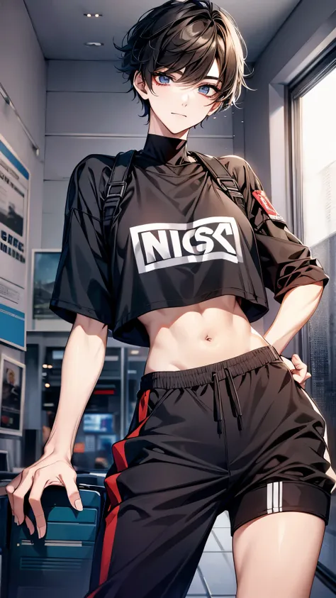 ((One Boy)),((Fem Boy)),((crossdresser)),Black Short Hair,Slender body,((whole body)),,sleepy,dissatisfaction,Irritation, fem boy taking a photo wearing a crop top and pants, Big pants, High-waisted sweatpants, Zia, from me, Korean female fashion model, he...