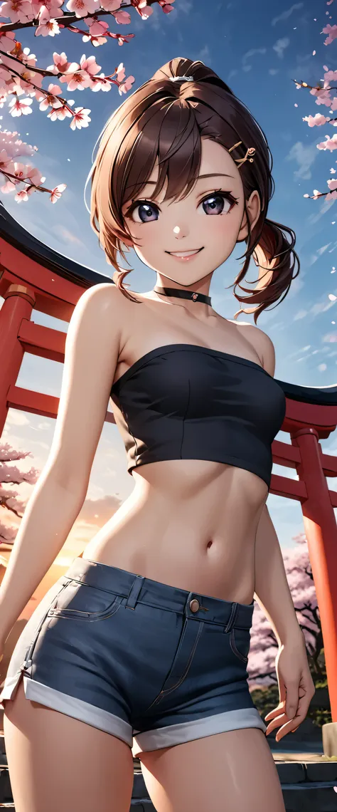 highest quality, ultra-high resolution, (realistic:1.4), one person,  small breasts, black choker, smile, exposing shoulders, fo...