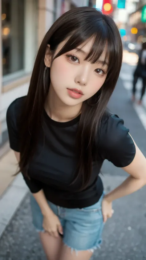 8k,Best Quality,(masterpiece:1.2),(Realistic),(Realistic:1.37),Ultra-high resolution,1 female university student,Droopy eyes,Beautiful teeth alignment, Looking down from above,Well-formed fingers,Shinjuku,(((Cute casual clothes))),Big Breasts,Perfect body,...