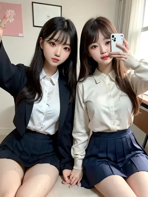 Two women, CGstation, Ulzzang, artwork inspired by Gwaisu, cute faces, beautiful. (8k).Real photos.Take selfies, breasts, and smiles. Girls high school uniform, sexy, sitting