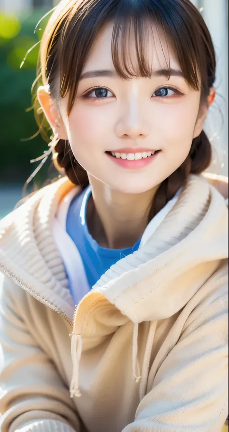 One Girl、((smile:0.1))、pretty girl、、Dark beige hair、baby face、young、Delicate girl、Braiding、Upper Body、Small breasts、Unreasonable precision、Very detailed、Blue Shirt、Layering、Light orange hoodie、Perfectly flat、Honesty、Thin arms, Professional Lighting, Film G...