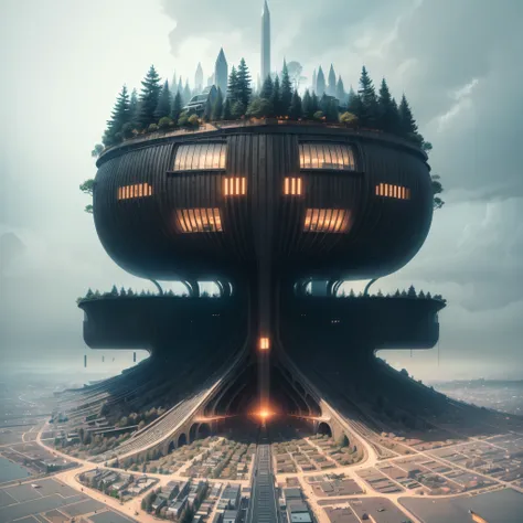 A highly detailed, photorealistic image of a futuristic city built atop enormous ancient trees. The towering trees have intricate bark textures, and the city is illuminated by vibrant neon lights, casting a soft glow over the dark, misty forest below. The ...